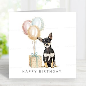 Carte d'anniversaire chihuahua (poil lisse noir et feu), carte de voeux amusante pour chien, belle image aquarelle n° 2, 15 x 15 cm, vierge à l'intérieur