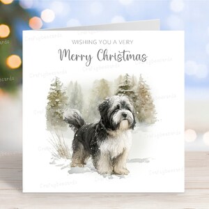 Carte de Noël Terrier du Tibet, belle carte de voeux festive pour chien « Joyeux Noël », scène de neige hivernale amusante, 6 x 6 po, intérieur vierge (2 modèles)