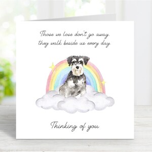 Cartão de simpatia para schnauzer miniatura - Cartão de cachorro pensando em você - Citação sentimental de perda de cachorro - Cartão da ponte do arco-íris - 6" x 6"