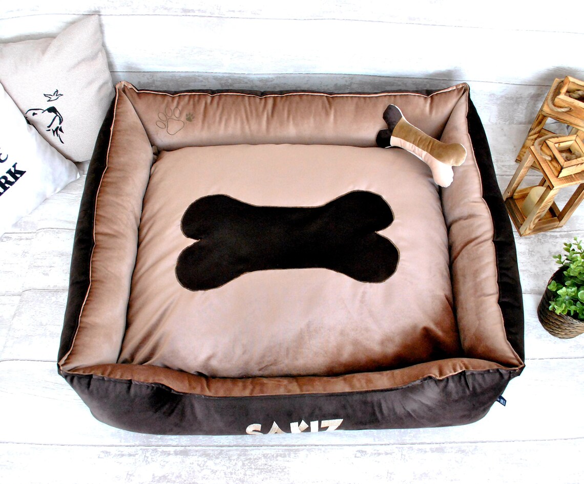 Personalized Dog Bed Brown with Bone Toy Hand Made Etsy