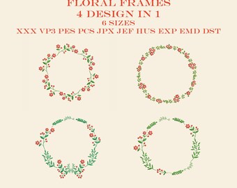 Diseños de bordado con marco floral, paquete 4 en 1 (descarga digital)