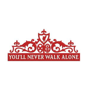 Op de afbeelding: Rood en wit geborduurd ontwerp met een wapenschild en de woorden "You'll Never Walk Alone".