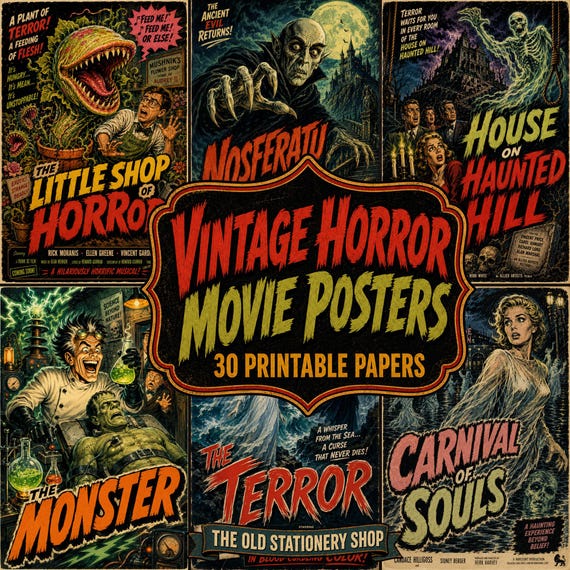Vintage Horror Movie Posters, 30 Printable Paper Pack, Retro Halloween Junk Journal, Classic Films Stationery Scrapbook DIGITAL DOWNLOAD