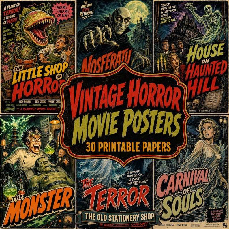 K&ouml;nnte beinhalten: Eine Sammlung von Vintage-Horrorfilmplakaten mit ikonischen Titeln wie The Little Shop of Horrors, Nosferatu, House on Haunted Hill, The Monster, The Terror und Carnival of Souls, pr&auml;sentiert als Set aus 30 druckbaren Papieren.