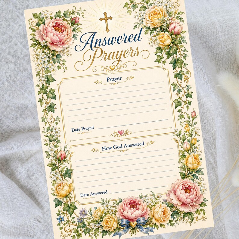 May include: A cream-colored prayer journal page titled Answered Prayers with a gold cross at the top. The border features illustrations of pink and yellow roses, green leaves, and white flowers. It includes lined sections for Prayer, Date Prayed, How God Answered, and Date Answered.