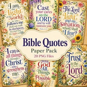 Può includere: Una collezione di Bible Quotes Paper Pack con 20 file PNG. Ogni design presenta citazioni ispiratrici con bordi floreali e botanici. Le citazioni sono in vari colori e caratteri.