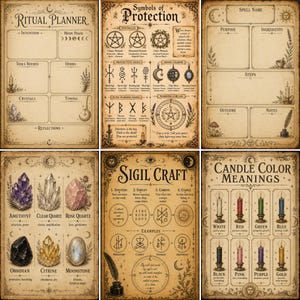 May include: A set of six vintage-style parchment pages featuring occult-themed illustrations and text. The pages include a Ritual Planner, Symbols of Protection, a Spell Name template, Crystal meanings, Sigil Craft guide, and Candle Color Meanings.