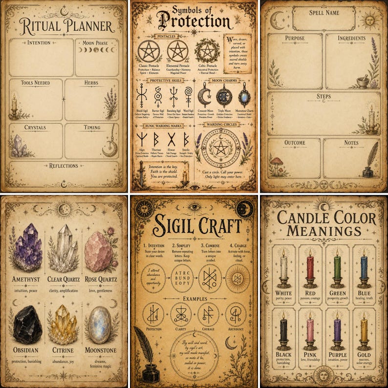 May include: A set of six vintage-style parchment pages featuring occult-themed illustrations and text. The pages include a Ritual Planner, Symbols of Protection, a Spell Name template, Crystal meanings, Sigil Craft guide, and Candle Color Meanings.