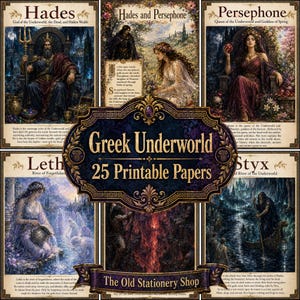 Könnte beinhalten: Eine Sammlung von 25 druckbaren Papieren mit Motiven aus der griechischen Unterwelt, darunter Darstellungen von Hades, Persephone, Lethe und Styx. Der zentrale Text lautet Greek Underworld 25 Printable Papers, unten steht The Old Stationery Shop.