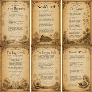 Puede incluir: Un conjunto de seis impresiones en estilo pergamino antiguo con relatos b&iacute;blicos como In the Beginning, Noah's Ark, The Garden, The Law Given, The Burning Bush y Hannah's Prayer, cada uno con bordes ornamentados, ilustraciones y texto.