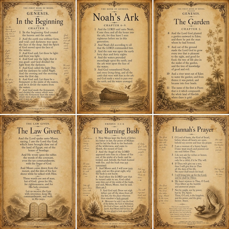 Puede incluir: Un conjunto de seis impresiones en estilo pergamino antiguo con relatos b&iacute;blicos como In the Beginning, Noah's Ark, The Garden, The Law Given, The Burning Bush y Hannah's Prayer, cada uno con bordes ornamentados, ilustraciones y texto.