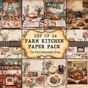May include: A set of 24 digital papers featuring vintage illustrations of farm kitchens. The papers include images of food, kitchen tools, and floral patterns. The papers are perfect for scrapbooking, card making, and other crafting projects.  "Set of 24 Farm Kitchen Paper Pack The Old Stationery Shop"
