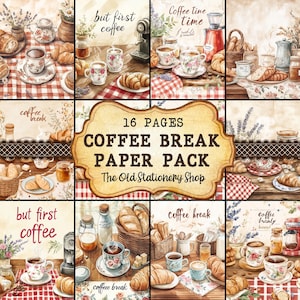 Pacote de papel para pausa para café, diário de lixo para impressão de 16 páginas, artigos de papelaria vintage rústicos para scrapbooking, artigos de papelaria PNG DOWNLOAD DIGITAL