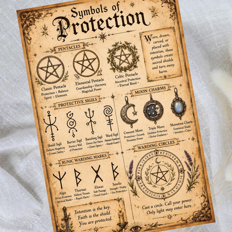 May include: A beige parchment-style poster titled Symbols of Protection, featuring black ink illustrations of pentacles, sigils, moon charms, and runic marks. The text provides descriptions for each symbol, including Classic Pentacle, Shield Sigil, and Moonstone Charm, with decorative floral borders.