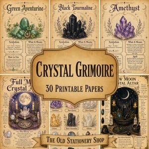 Crystal Grimoire, 30 Printable Papers, Wiccan Book of Shadows, Vintage Witch Junk Journal Stationery DIGITAL DOWNLOAD