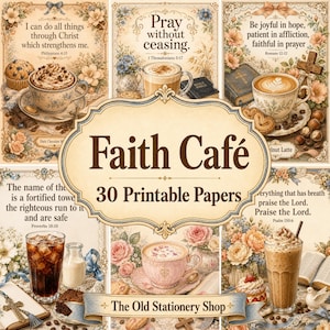 Faith Cafe Paper Pack, 30 Printable Pages, Rustic Bible Verse Cards, Vintage Coffee Junk Journal, Christian Stationery DIGITAL DOWNLOAD