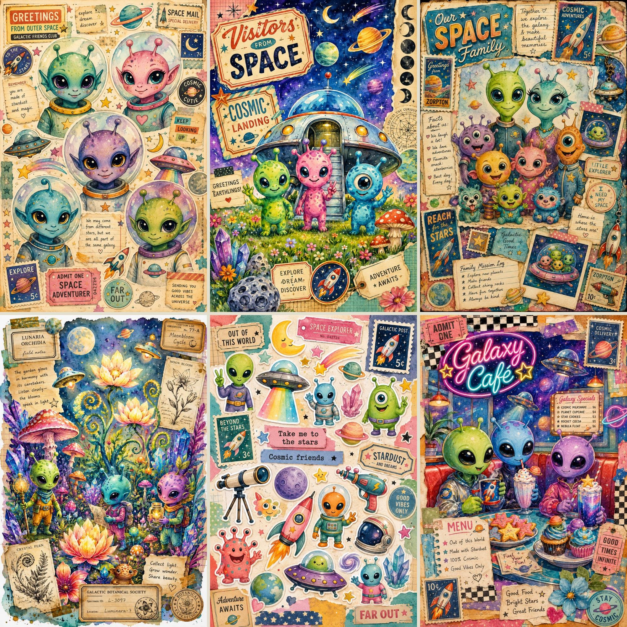 Retro Aliens Paper Pack, Printable Junk Journal Pages, Shabby Funny ...