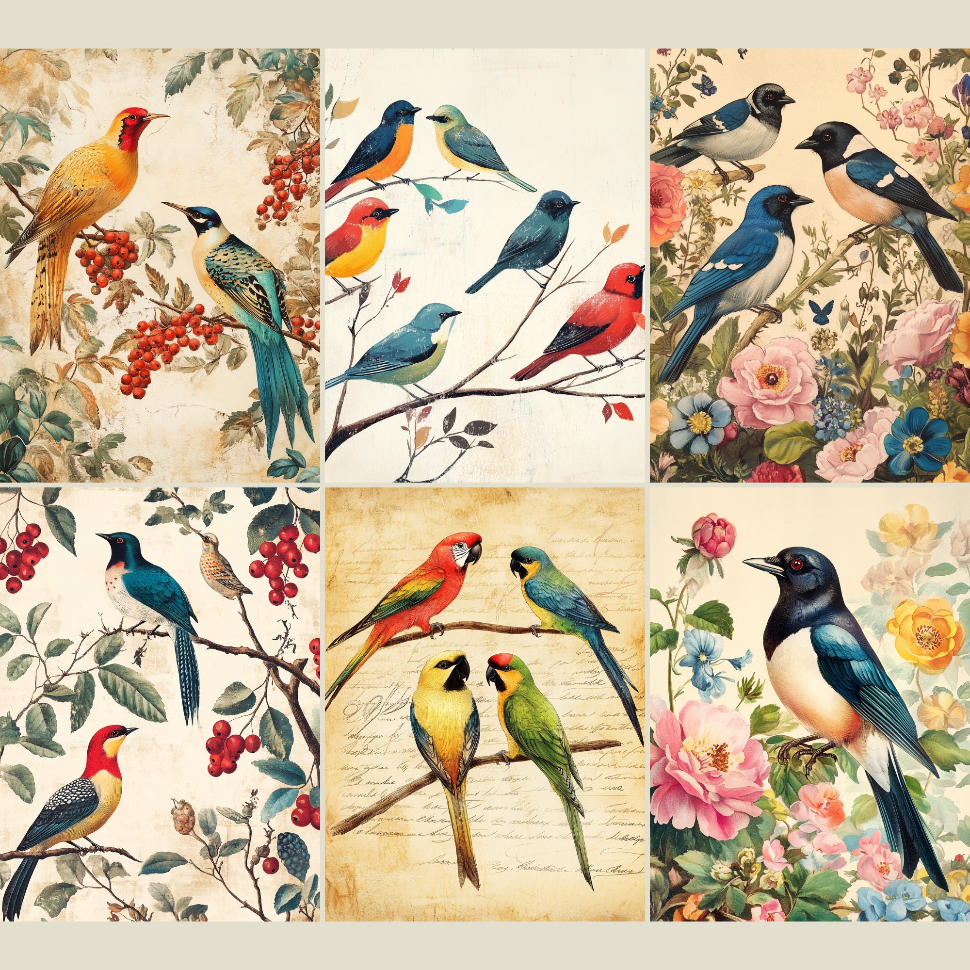 Retro Birds Printable Paper Pack Stationery Sheets Vintage Ephemera ...