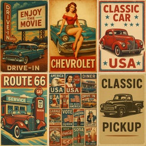 Peut inclure: Ensemble d'affiches vintage sur le th&egrave;me des voitures classiques, des cin&eacute;mas drive-in et des diners. Comprend une publicit&eacute; Chevrolet avec une femme, une station-service Route 66 et des images patriotiques des &Eacute;tats-Unis.