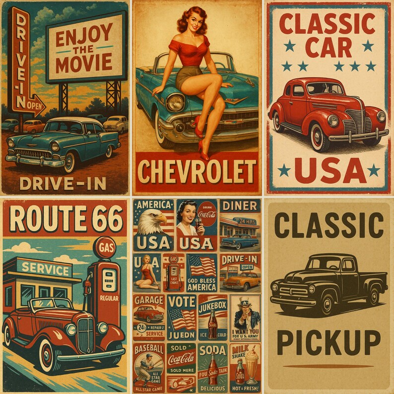 Peut inclure: Ensemble d'affiches vintage sur le th&egrave;me des voitures classiques, des cin&eacute;mas drive-in et des diners. Comprend une publicit&eacute; Chevrolet avec une femme, une station-service Route 66 et des images patriotiques des &Eacute;tats-Unis.