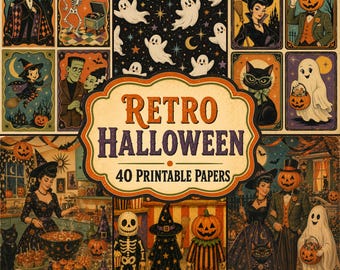 Könnte beinhalten: Eine Sammlung von 40 druckbaren Papieren mit Halloween-Illustrationen im Retro-Stil, darunter Geister, Skelette, Kürbisse, Hexen und schwarze Katzen. Das zentrale Etikett zeigt Retro Halloween 40 Printable Papers und The Old Stationery Shop.