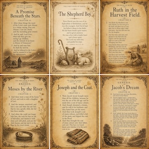 Puede incluir: Un conjunto de seis p&oacute;steres de estilo vintage que presentan narrativas b&iacute;blicas con ilustraciones y texto en tonos sepia. Cada impresi&oacute;n muestra una historia espec&iacute;fica, incluyendo A Promise Beneath the Stars, The Shepherd Boy, Ruth in the Harvest Field, Moses by the River, Joseph and the Coat y Jacob's Dream, sobre un fondo tipo pergamino con bordes ornamentados.