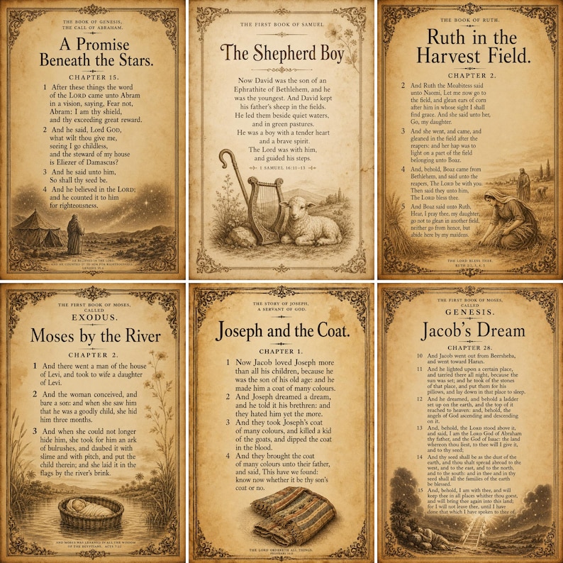 Puede incluir: Un conjunto de seis p&oacute;steres de estilo vintage que presentan narrativas b&iacute;blicas con ilustraciones y texto en tonos sepia. Cada impresi&oacute;n muestra una historia espec&iacute;fica, incluyendo A Promise Beneath the Stars, The Shepherd Boy, Ruth in the Harvest Field, Moses by the River, Joseph and the Coat y Jacob's Dream, sobre un fondo tipo pergamino con bordes ornamentados.