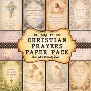 Puede incluir: Un paquete de papel digital con 20 archivos PNG con oraciones cristianas e imágenes religiosas. Los diseños incluyen bordes florales, cruces e ilustraciones de Jesús y ángeles, con colores suaves y un estilo vintage.