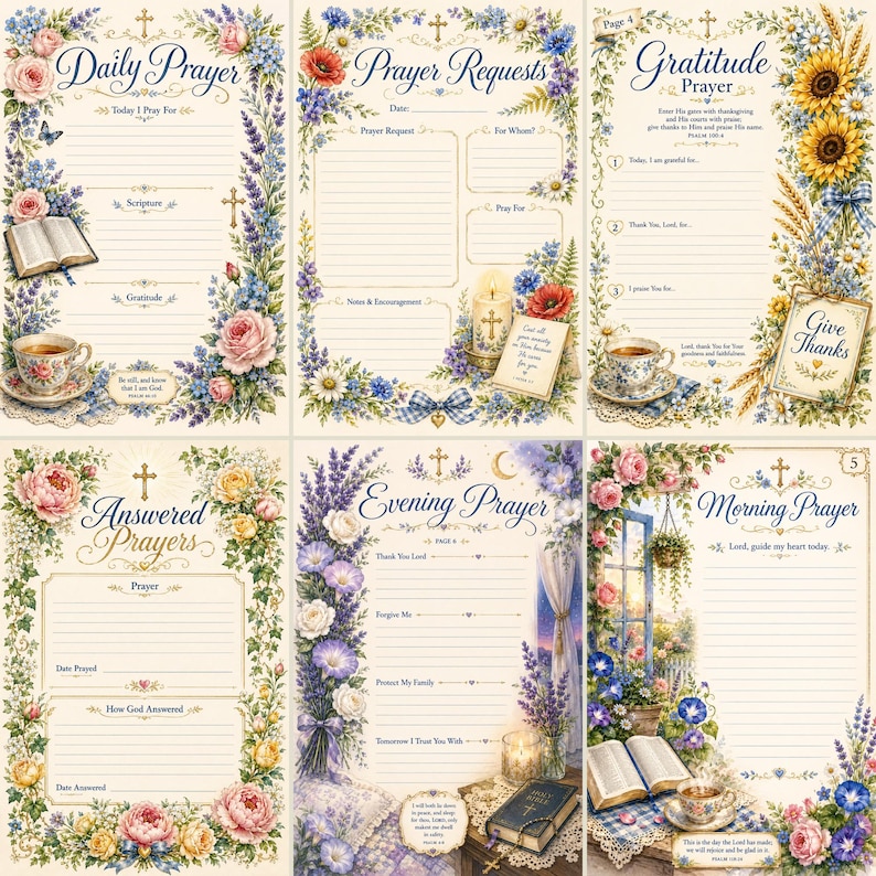 May include: A set of six prayer journal pages featuring floral borders with roses, sunflowers, and lavender. Each page includes headers like Daily Prayer, Prayer Requests, Gratitude Prayer, Answered Prayers, Evening Prayer, and Morning Prayer.