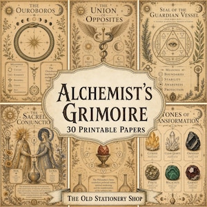 Puede incluir: Una colección de 30 papeles imprimibles titulados Alchemist's Grimoire, con ilustraciones de estilo vintage del Ouroboros, la Unión de Opuestos, el Sello del Vaso Guardián, la Sagrada Conjunción y Piedras de Transformación con texto detallado.