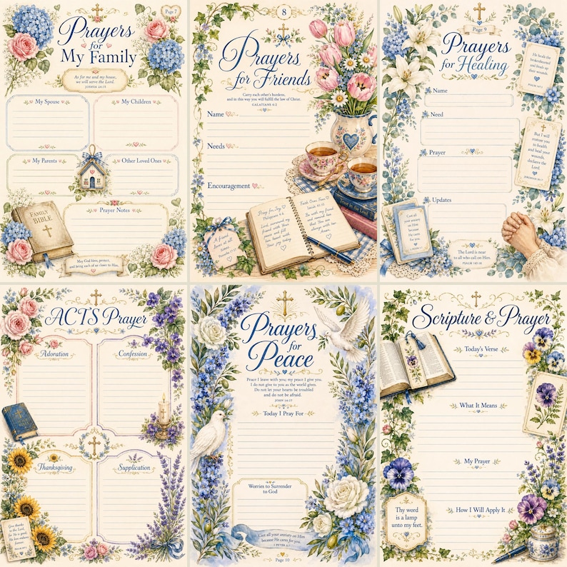 May include: A collection of six decorative prayer journal pages featuring floral borders, religious imagery, and writing prompts. Titles include Prayers for My Family, Prayers for Friends, Prayers for Healing, ACTS Prayer, Prayers for Peace, and Scripture & Prayer.