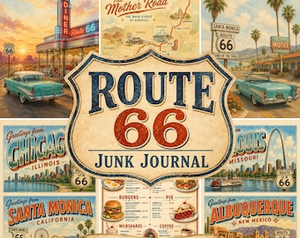 Diario di viaggio Route 66 - 25 pagine stampabili, pacchetto di carta vintage americana anni '50, articoli di cancelleria effimeri per viaggi on the road negli Stati Uniti, DOWNLOAD DIGITALE