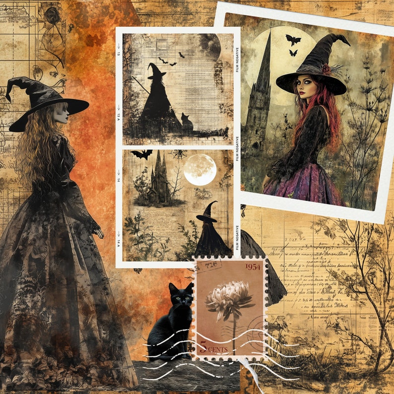 Witch Paper Pack, Set of 12 Printable Stationery Sheets, Vintage ...