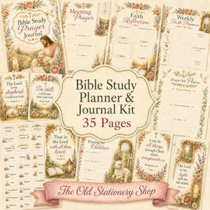 Kit de diario de estudio bíblico, paquete de papel imprimible de oración cristiana de 35 páginas, planificador devocional, tarjetas con versículos bíblicos, marcapáginas PNG, descarga digital.