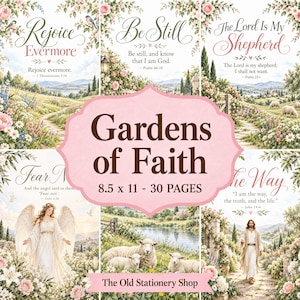 May include: A 30-page Gardens of Faith booklet measuring 8.5 x 11 inches. The cover features six religious illustrations with floral borders, including an angel, sheep, and landscapes, with text such as Rejoice Evermore and The Lord Is My Shepherd.