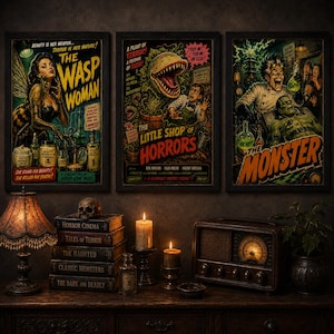 K&ouml;nnte beinhalten: Drei gerahmte Horrorfilmplakate im Vintage-Stil mit den Titeln The Wasp Woman, The Little Shop of Horrors und The Monster. Die Plakate zeigen farbenfrohe, detaillierte Illustrationen eines Wespen-Mensch-Hybriden, einer fleischfressenden Pflanze und eines verr&uuml;ckten Wissenschaftlers.