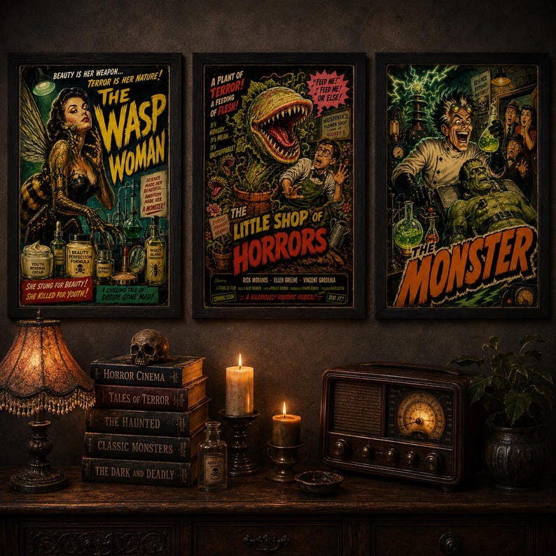 K&ouml;nnte beinhalten: Drei gerahmte Horrorfilmplakate im Vintage-Stil mit den Titeln The Wasp Woman, The Little Shop of Horrors und The Monster. Die Plakate zeigen farbenfrohe, detaillierte Illustrationen eines Wespen-Mensch-Hybriden, einer fleischfressenden Pflanze und eines verr&uuml;ckten Wissenschaftlers.