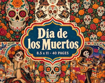 May include: A Dia de los Muertos themed stationery book measuring 8.5 x 11 inches with 40 pages. The cover features vibrant illustrations of sugar skulls, marigold flowers, roses, skeletons playing guitars, and a person with face paint.
