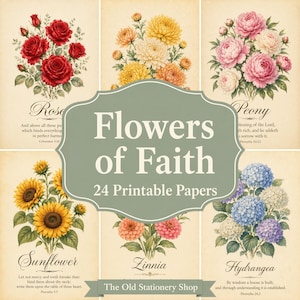 Flowers of Faith Paper Pack, 24 afdrukbare pagina's, bijbelvers junk Journal, vintage christelijk religieus plakboek briefpapier DIGITALE DOWNLOAD