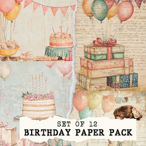 Geburtstags-Papier-Pack Vintage Junk Journal Niedliche bedruckbare Seiten Bunt Scrapbooking Ephemera Antique Planer Schreibwaren PNG DIGITAL DOWNLOAD