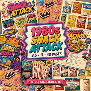Op de afbeelding: Een 40-pagina's tellend activiteitenboek van 21,6 x 27,9 cm met een 1980s snack attack thema, voorzien van kleurrijke illustraties van popcorn, chocoladetaarten, donuts en diverse snackzakjes zoals Doritos, Cheetos, Ruffles en Lay's met vette tekst.