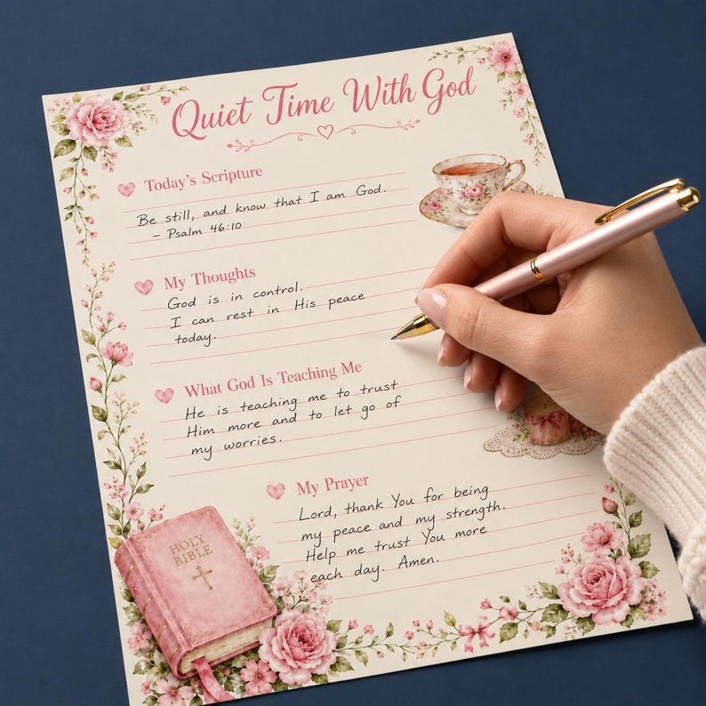 May include: A Quiet Time With God devotional sheet featuring pink rose floral borders, a teacup illustration, and a pink Holy Bible graphic. The page includes lined sections for scripture, thoughts, lessons, and prayer, with handwritten text in ink.