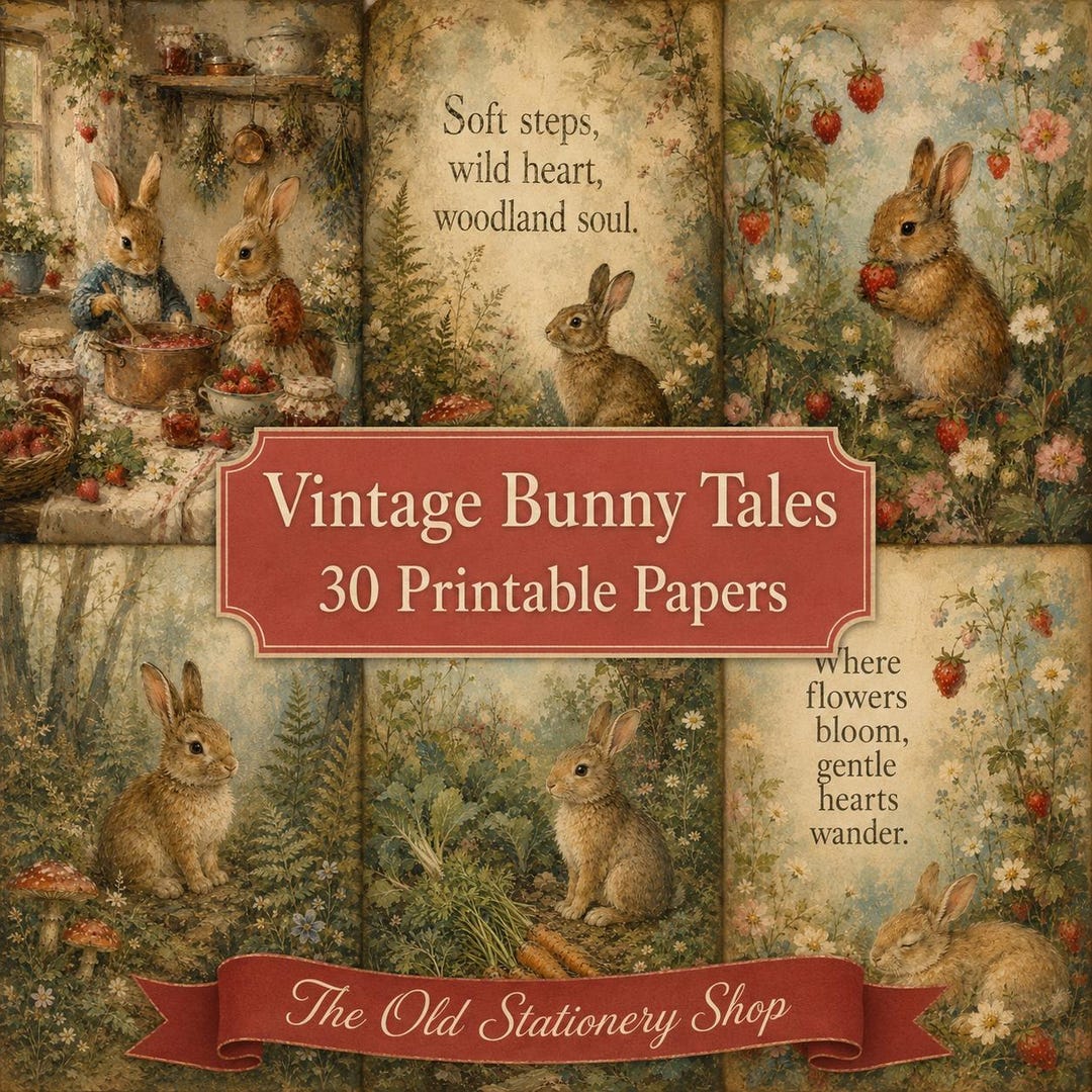 Vintage Bunny Tales Paper Pack, 30 Pages Printable Rabbit Junk Journal ...