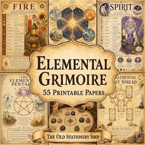 Elemental Grimoire, 55 Printable Pages, Book of Shadows, Vintage Wiccan Junk Journal 5 Elements Fire Earth Water Air Spirit DIGITAL DOWNLOAD