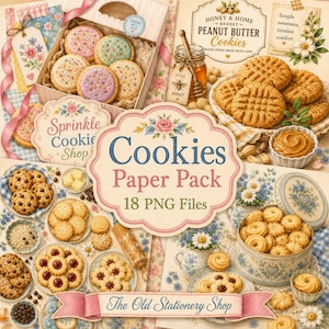 May include: A digital paper pack featuring 18 PNG files with illustrations of various biscuits, including peanut butter, sprinkle, and jam-filled varieties, alongside honey jars, floral patterns, and vintage-style labels with text like Cookies Paper Pack.