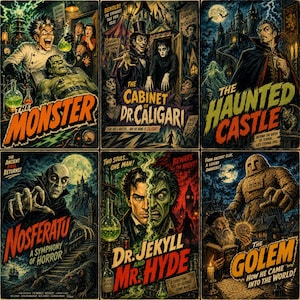K&ouml;nnte beinhalten: Eine Sammlung von sechs Horrorfilmplakaten im Vintage-Stil mit The Monster, The Cabinet of Dr. Caligari, The Haunted Castle, Nosferatu, Dr. Jekyll and Mr. Hyde und The Golem, jeweils mit detaillierten Illustrationen und fetten Texttiteln.