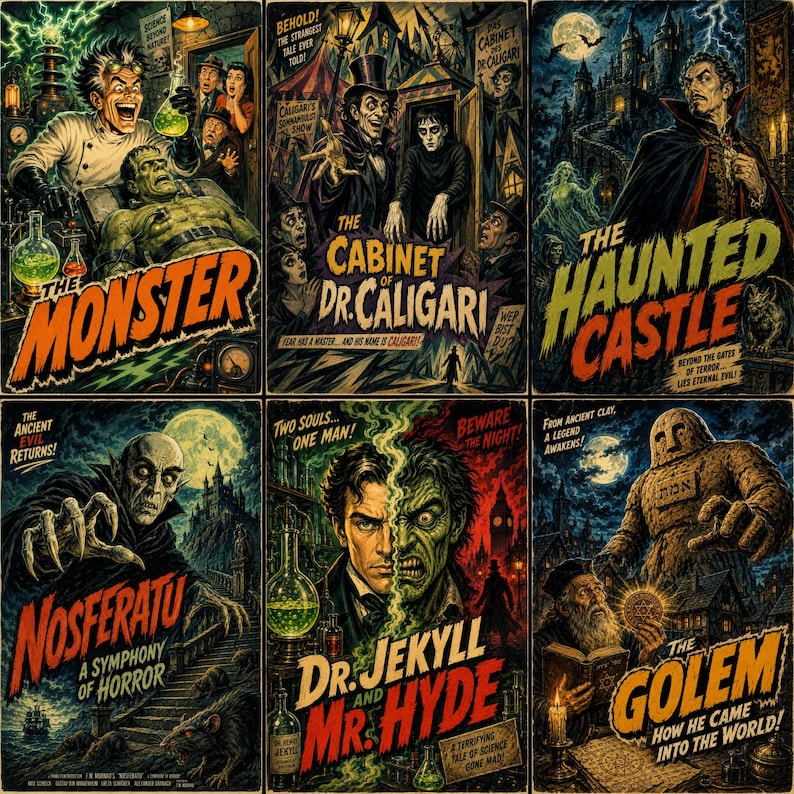K&ouml;nnte beinhalten: Eine Sammlung von sechs Horrorfilmplakaten im Vintage-Stil mit The Monster, The Cabinet of Dr. Caligari, The Haunted Castle, Nosferatu, Dr. Jekyll and Mr. Hyde und The Golem, jeweils mit detaillierten Illustrationen und fetten Texttiteln.
