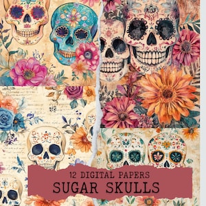Sugar Skulls Paper Pack, Set of 12 Printable Stationery Sheet, Vintage Ephemera Junk Journal Pages Dia de Los Muertos Print DIGITAL DOWNLOAD