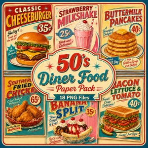 Papperspaket med mat från 50-talet, storlek 8x12, utskrivbara retro-skräpjournalsidor, amerikanska affischklippböcker, ephemera-brevpapper, digital nedladdning bild 1