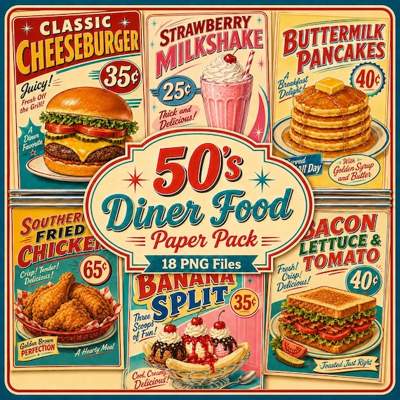 50's Diner Food Paper Pack, Printable Retro Junk Journal Pages, 1950's American Poster Scrapbooking Ephemera Stationery PNG DIGITAL DOWNLOAD